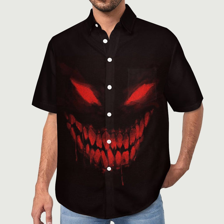 Men's Cotton Linen Devil Horror Print Loose Chest Pocket Short Sleeve Shirt 2308100187