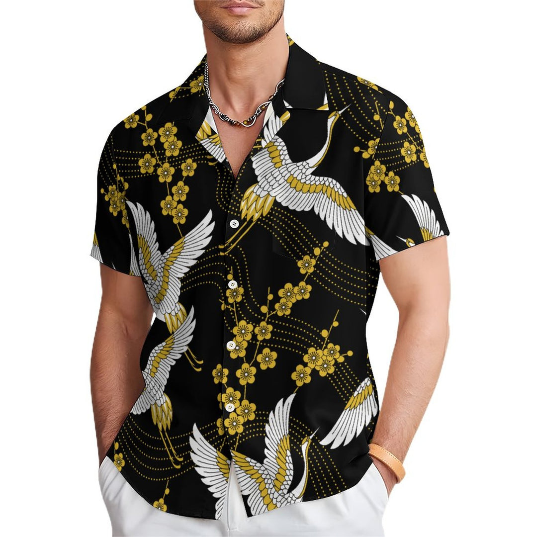 Men's White Crane Art Casual Short Sleeve Shirt 2312000438