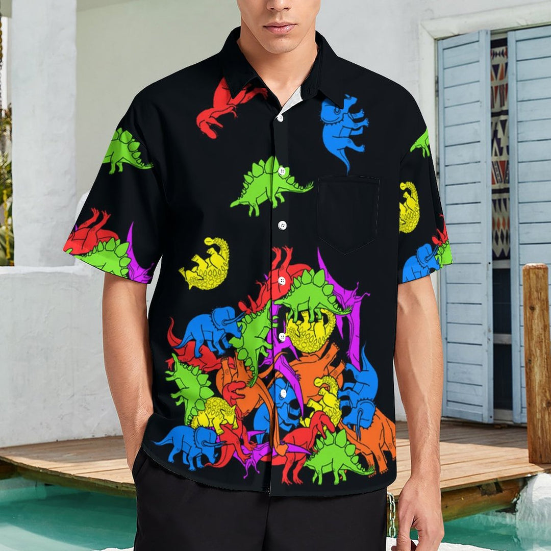 Dinosaur Falling Print Casual Chest Pocket Short Sleeve Shirt 2309000649