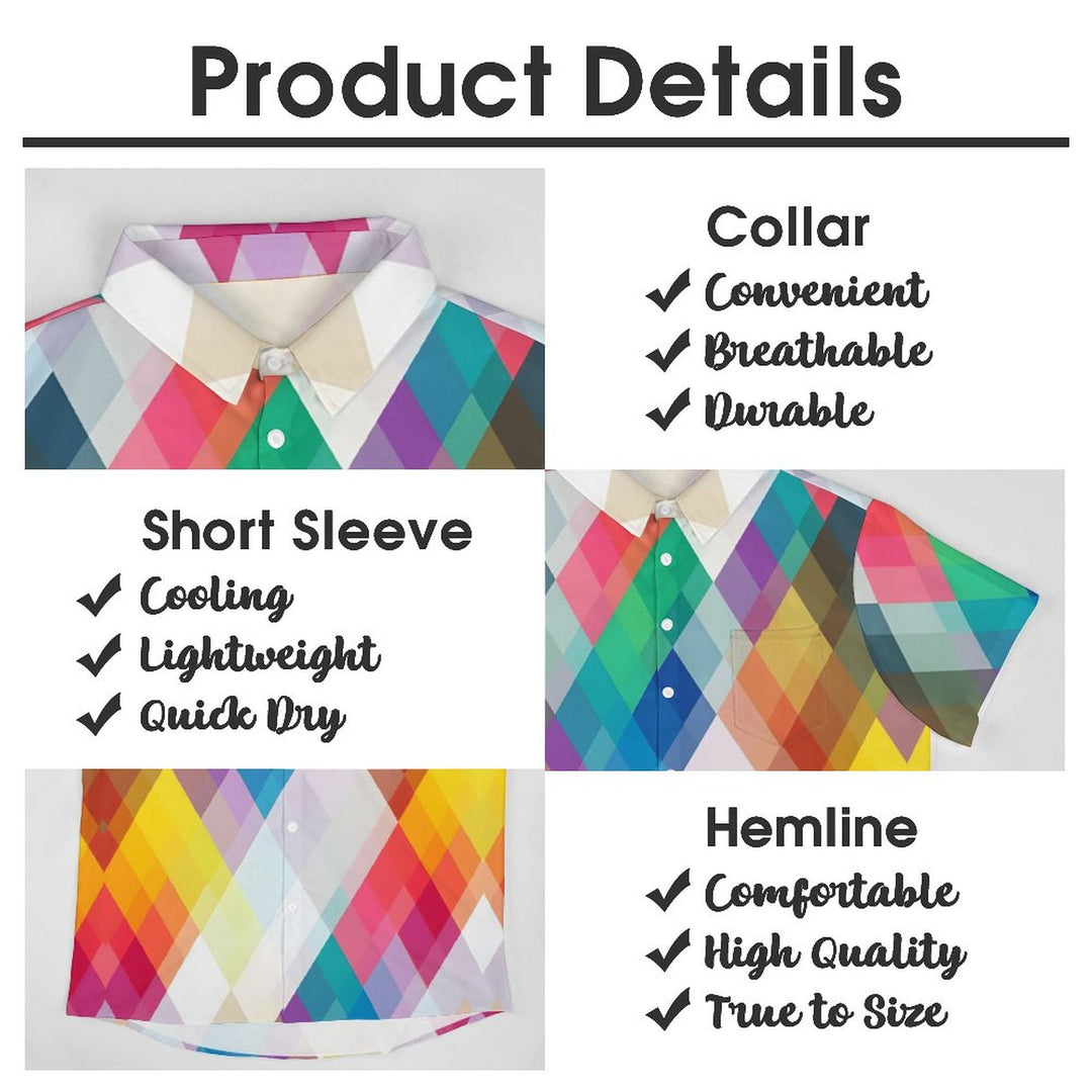 Men's Colorful Geometric Rhombus Casual Short Sleeve Shirt 2311000563