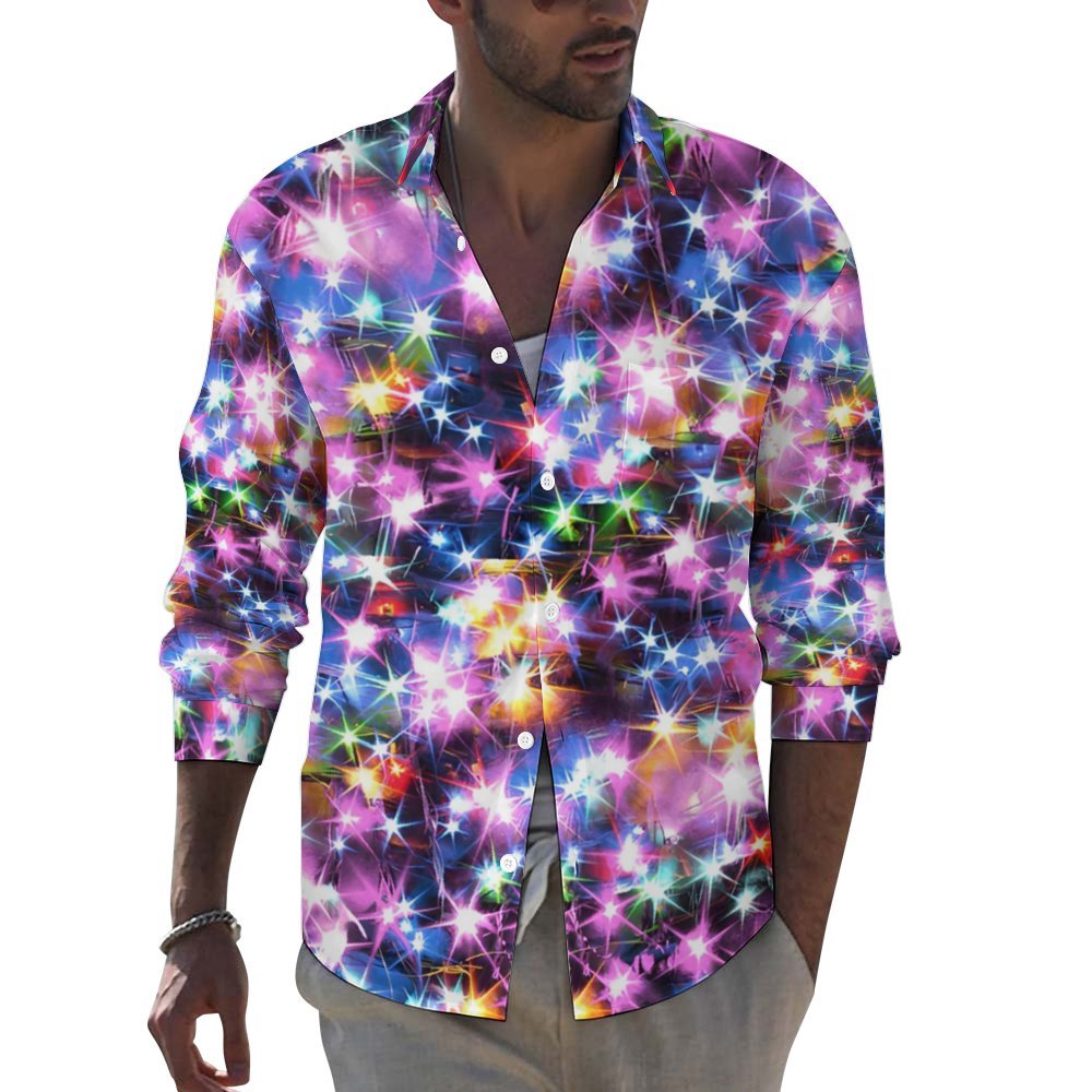 Men's Casual Christmas Light String Printed Long Sleeve Shirt 2311000066
