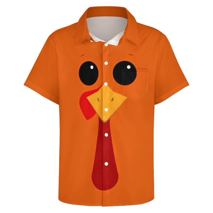 Thanksgiving Turkey Print Casual Chest Pocket Short Sleeve Shirt 2309000621