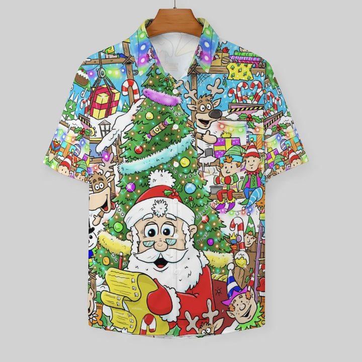 Christmas Print Casual Chest Pocket Short Sleeve Shirt 2309000637