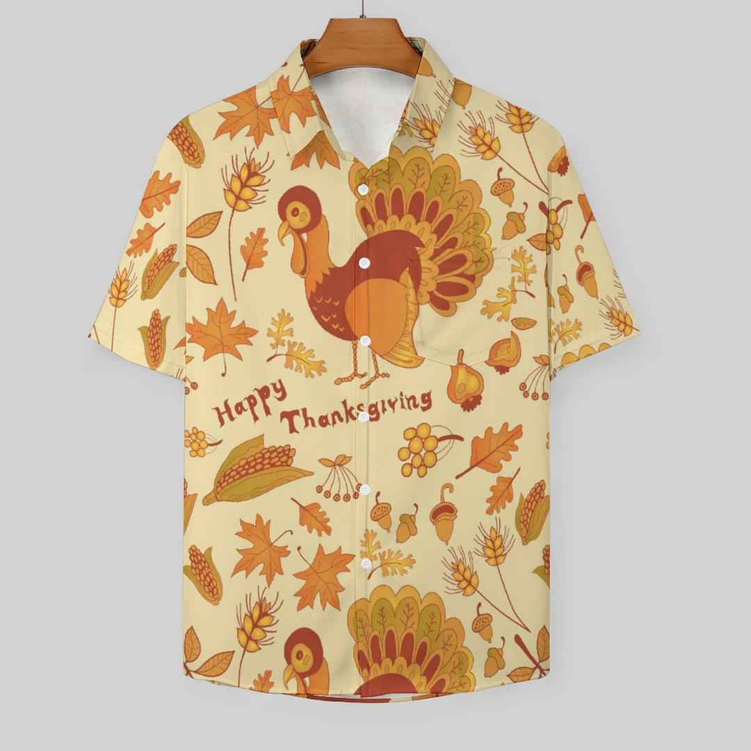Happy Thanksgiving Casual Printed Chest Pocket Short Sleeve Shirt 2309000477