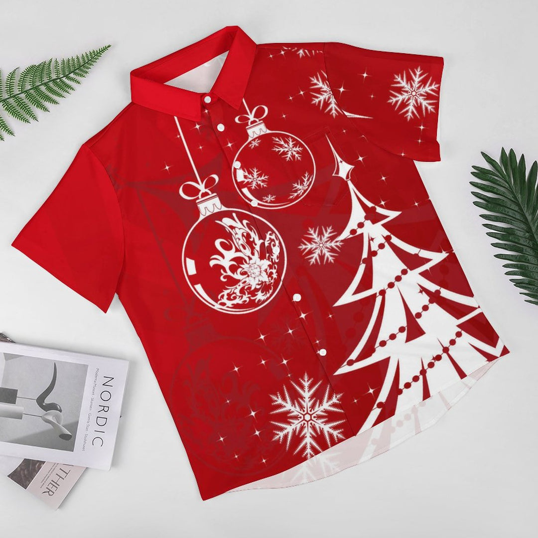 Casual Christmas Themed Print Chest Pocket Short Sleeve Shirt 2309000344