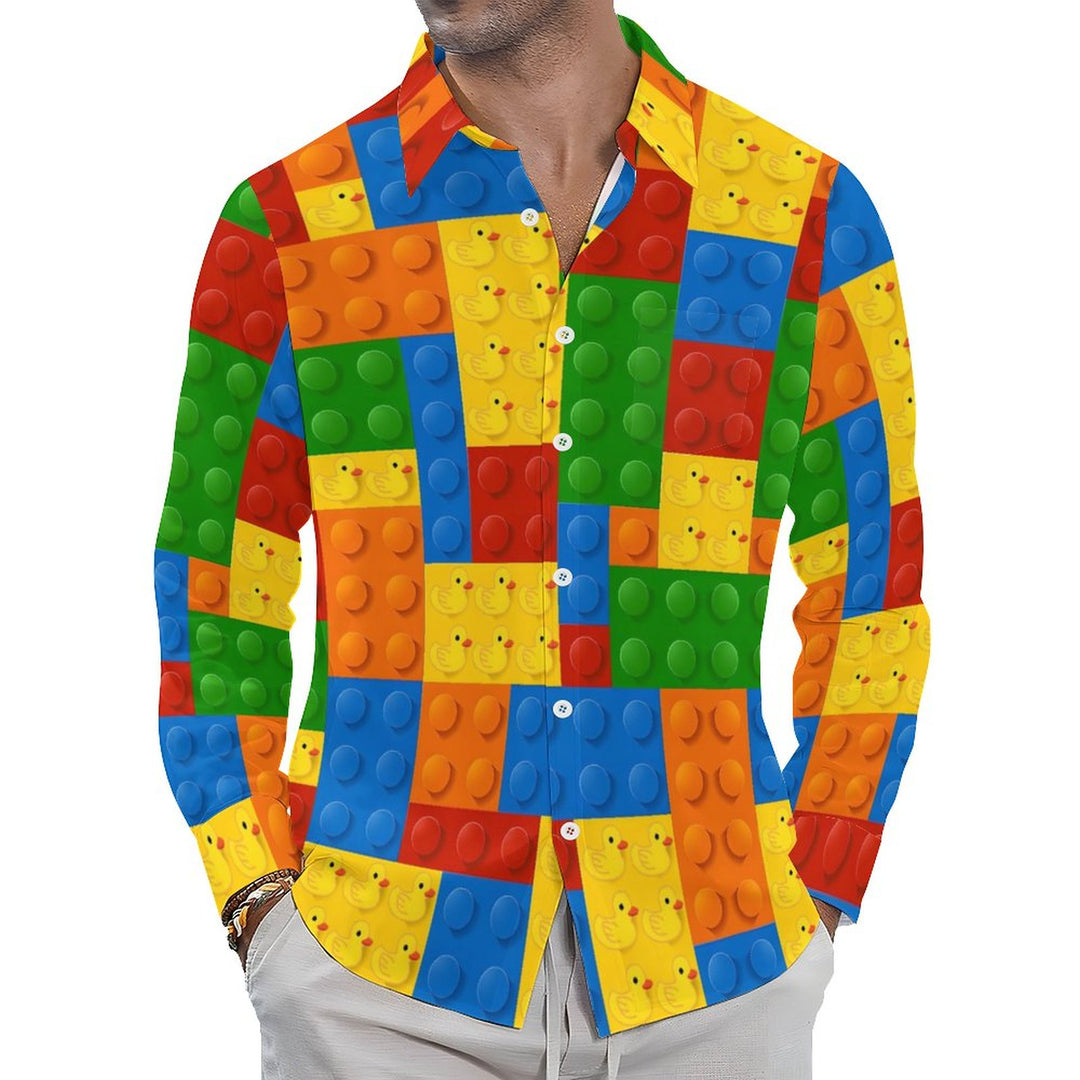Men's Casual 3D Building Blocks Little Yellow Duck Printed Long Sleeve Shirt 2311000656