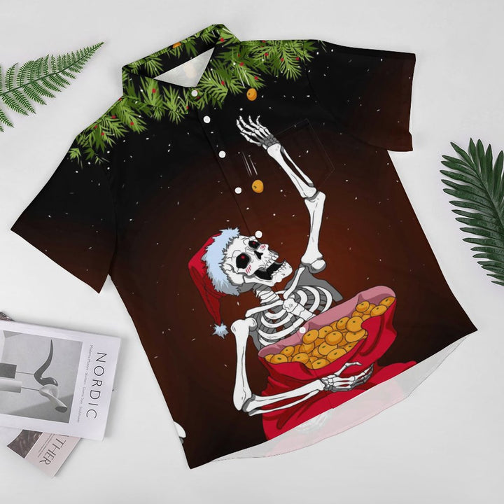 Skull Christmas Print Casual Chest Pocket Short Sleeve Shirt 2309000142