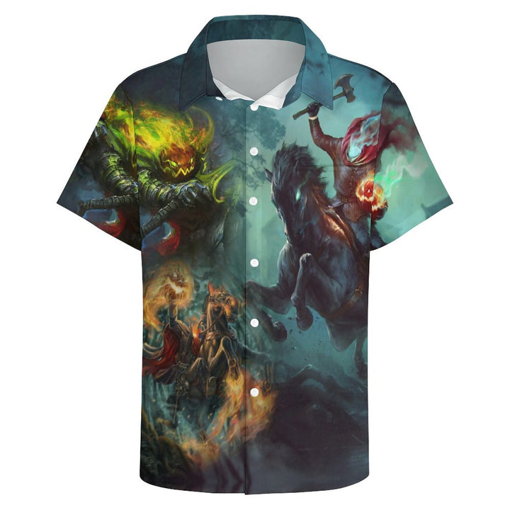Men's Ghost Rider Print Casual Chest Pocket Short Sleeve Shirt 2308100085