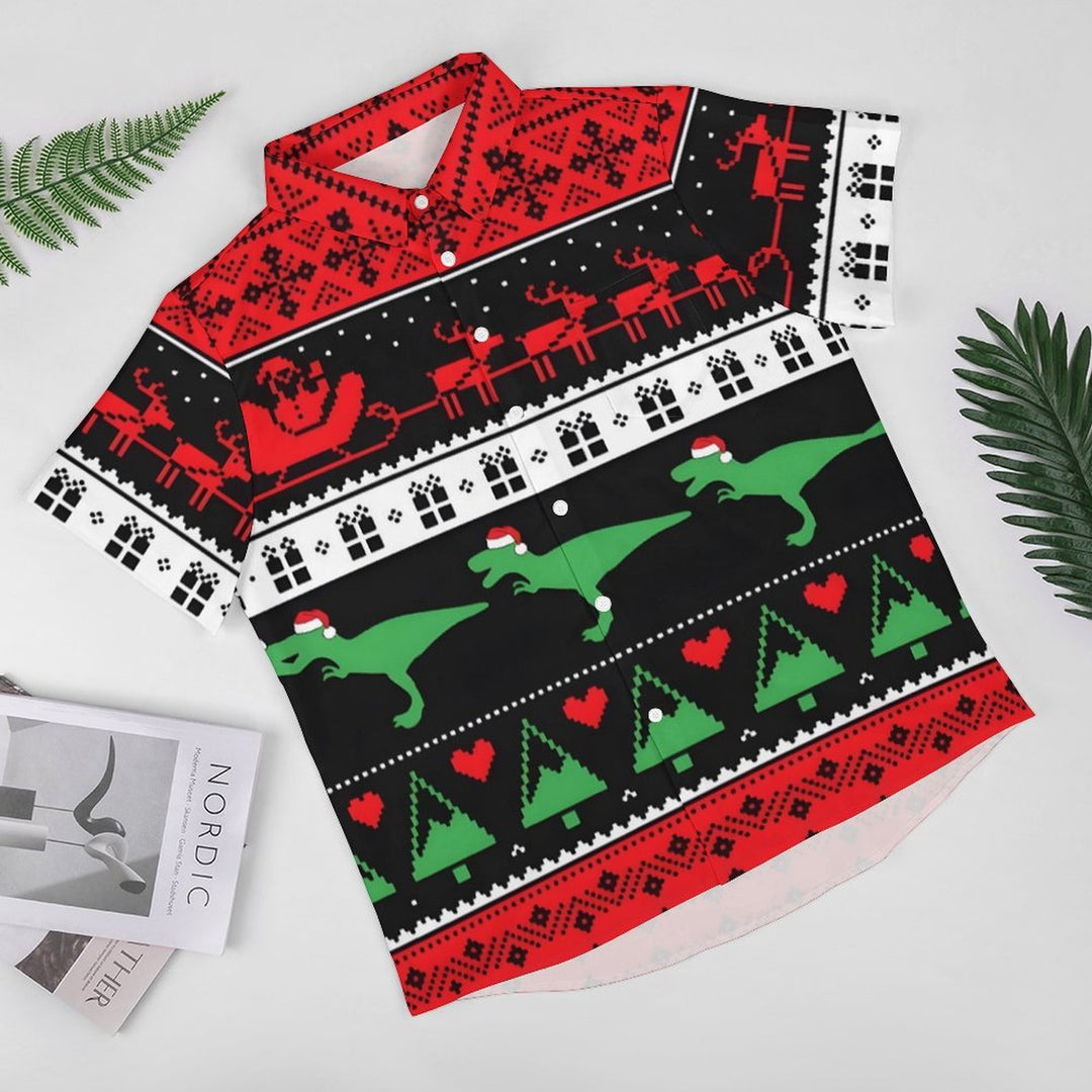 Christmas Dinosaur Chest Pocket Short Sleeve Shirt 2310000397
