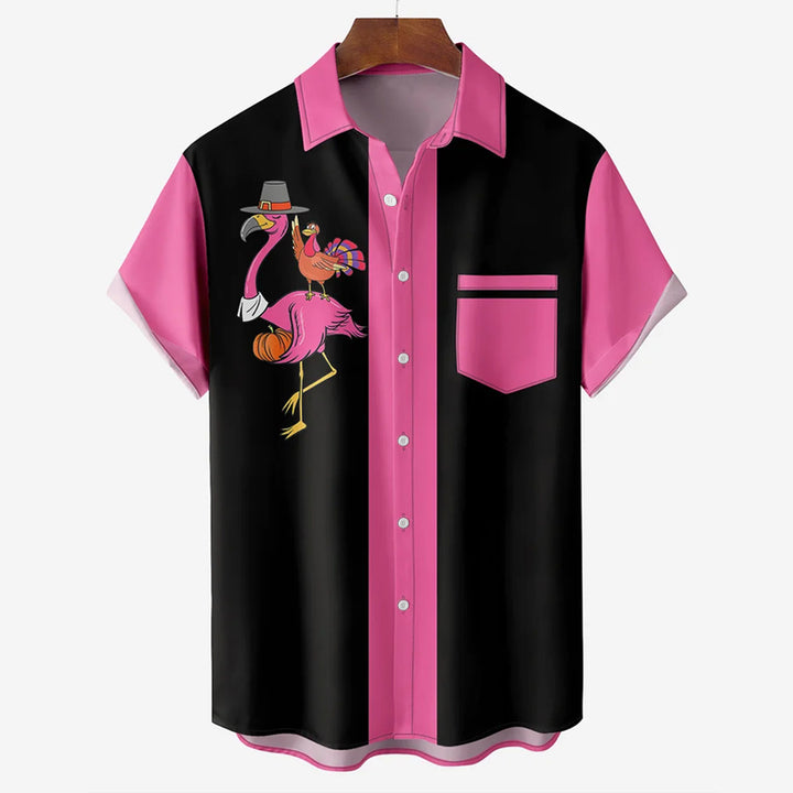 Casual Flamingo Turkey Print Chest Pocket Short Sleeve Shirt 2309000247