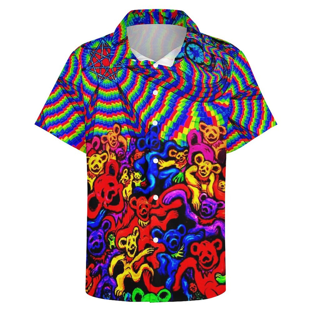 Dance Bear Casual Print Chest Pocket Short Sleeve Shirt 2309000584