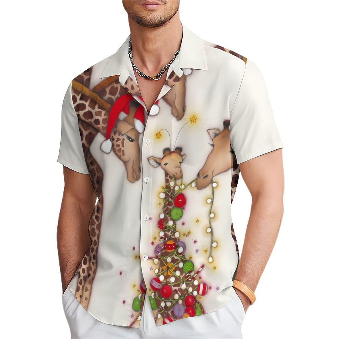 Men's Christmas Giraffe String Lights Casual Short Sleeve Shirt 2311000281