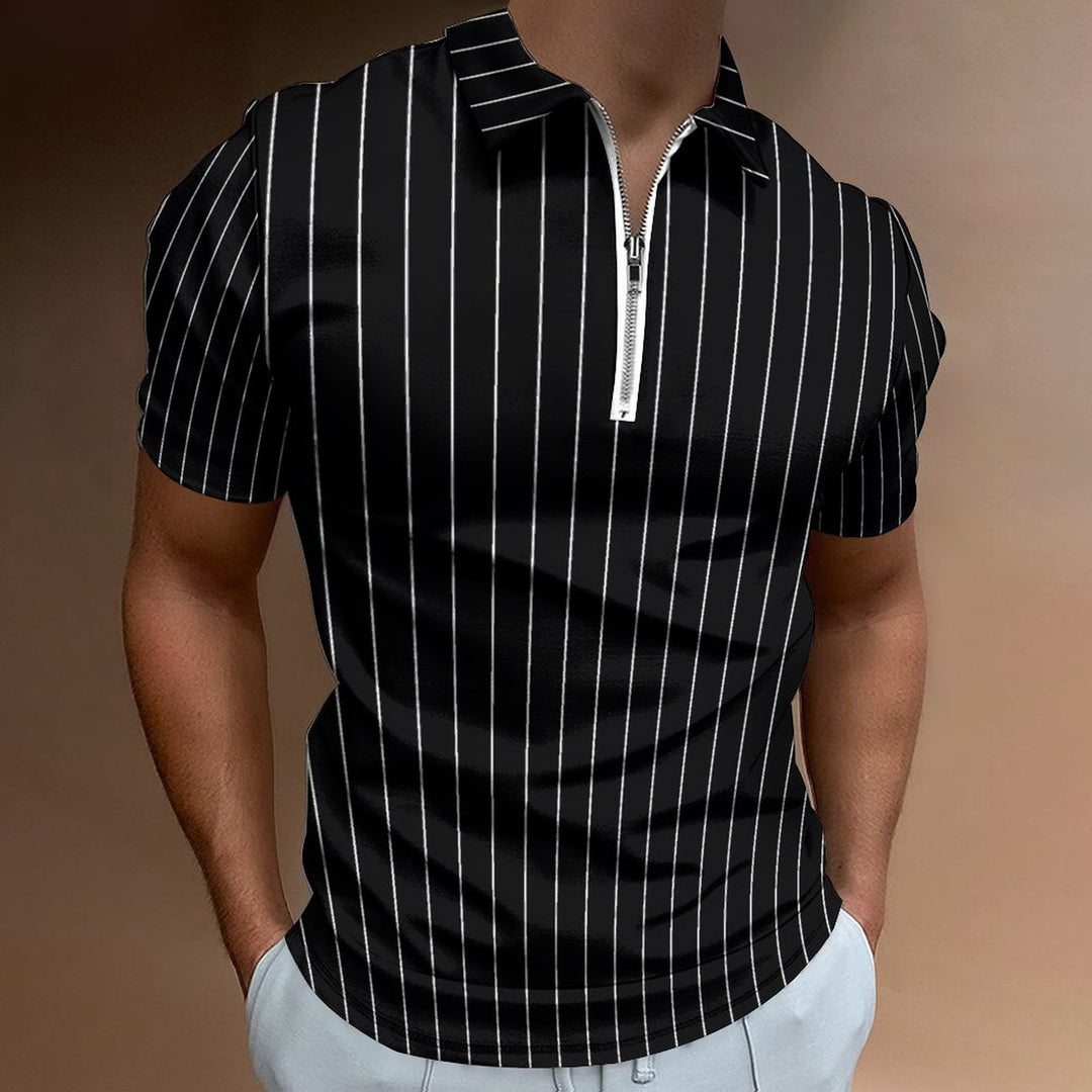 Men's Zip Short Sleeve Black and White Striped Polo Shirt 2311000597