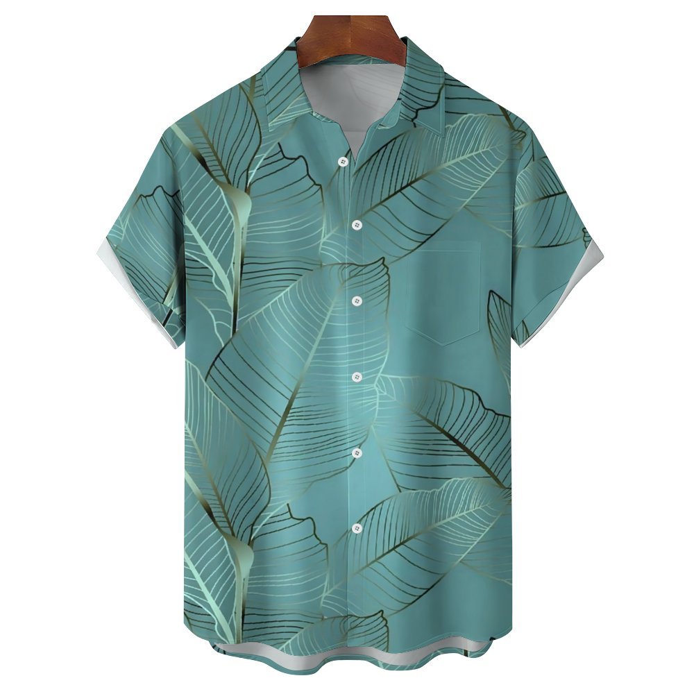 Hawaiian Plant Leaves Gold Edge Casual Short Sleeve Shirt 2402000068