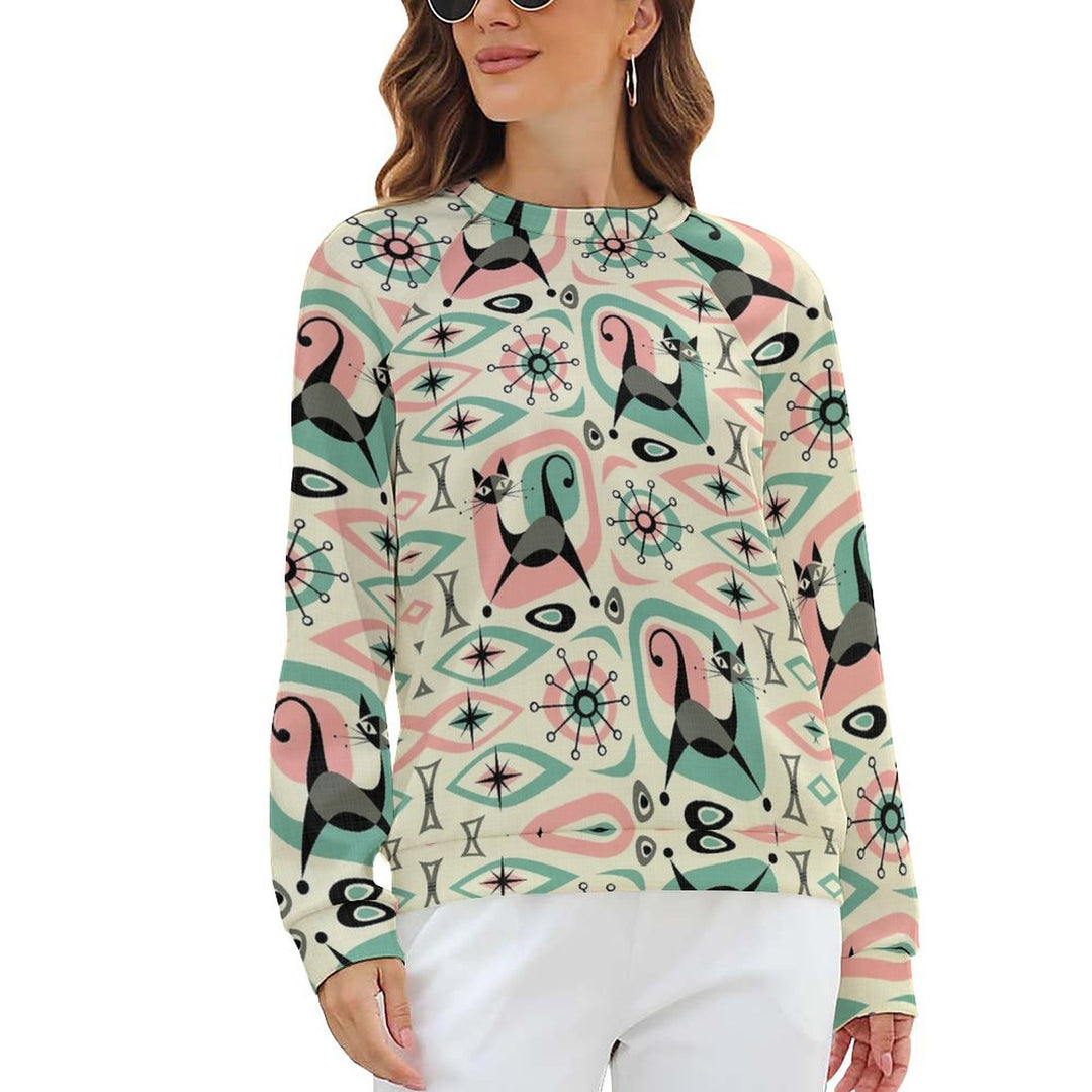 Women's Raglan Round Neck Cat Print Sweatshirt 2310000552