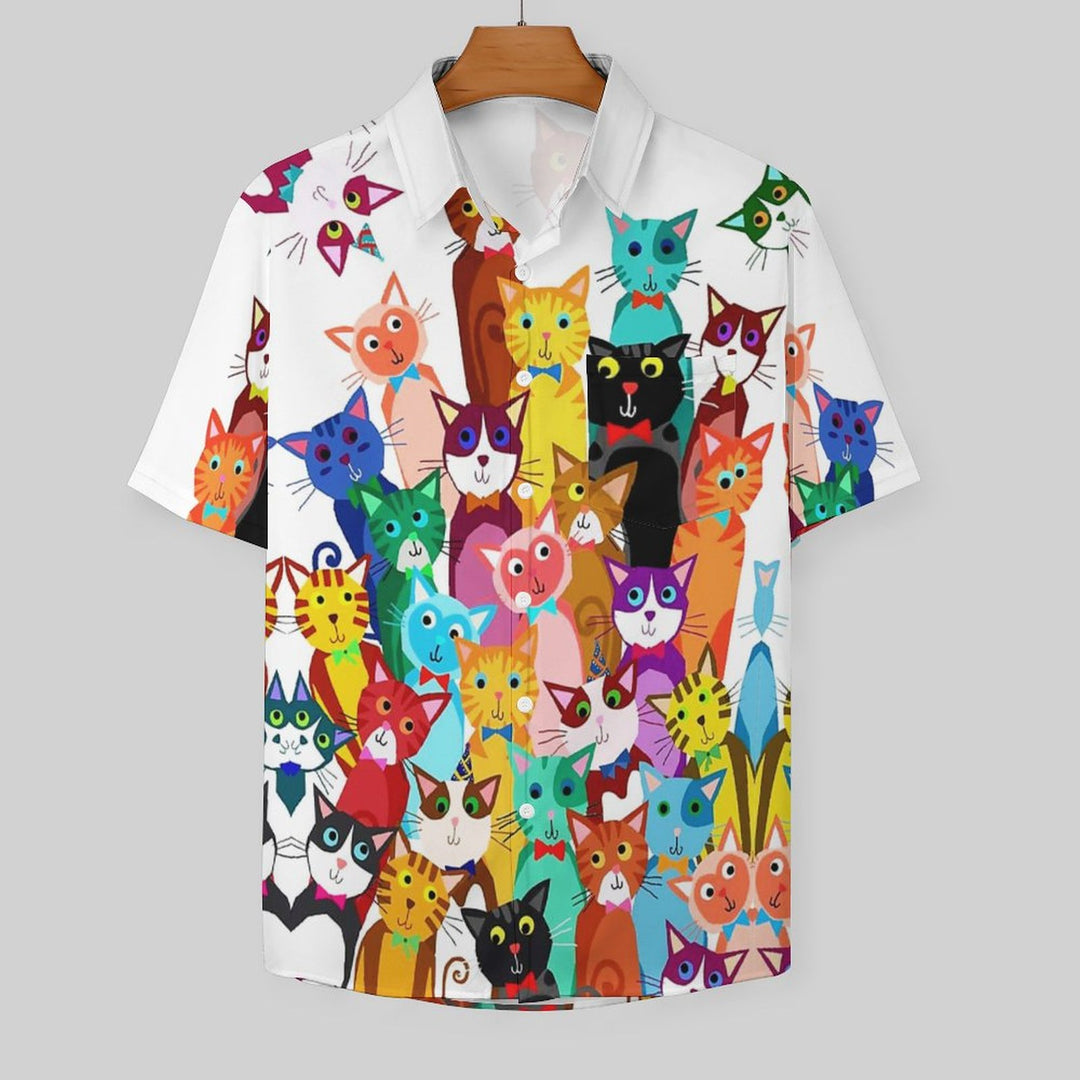 Men's Cartoon Cat Print Casual Fashion Short Sleeve Shirt 2307101539