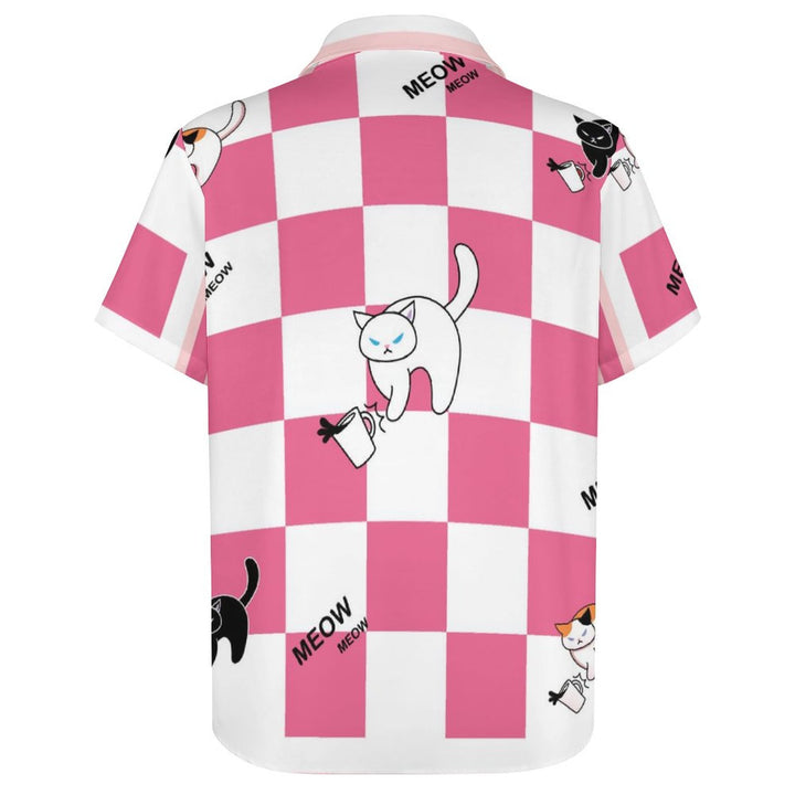 Fashionable Plaid Letters Cat Print Short Sleeve Shirt 2309000530