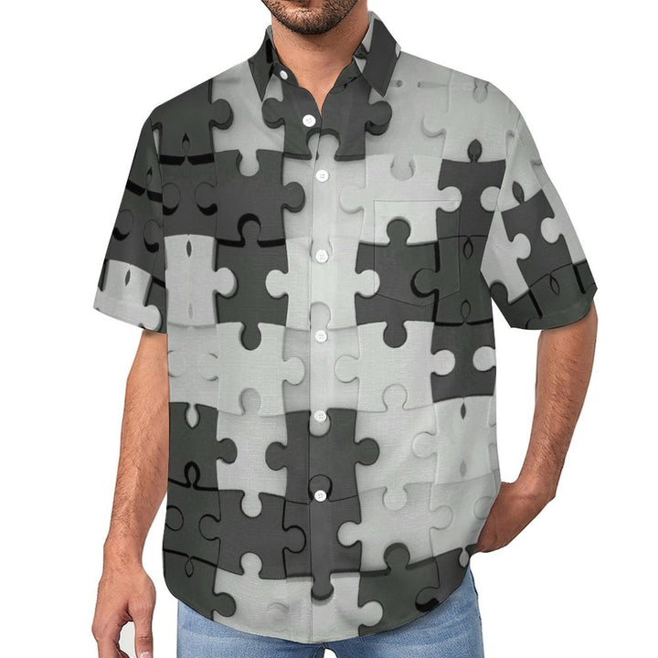 Vintage Geometric Puzzle Print Men's Button Pocket Shirt 2306101372