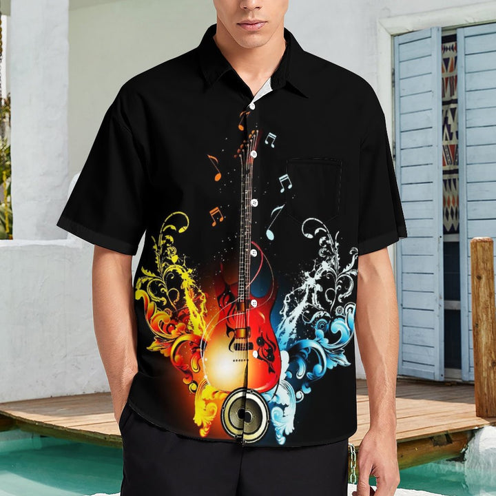 Casual Music Printed Chest Pocket Short Sleeved Shirt 2309000746