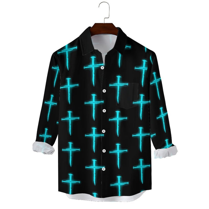 Men's Casual Black Cross Printed Long Sleeve Shirt 2311000615