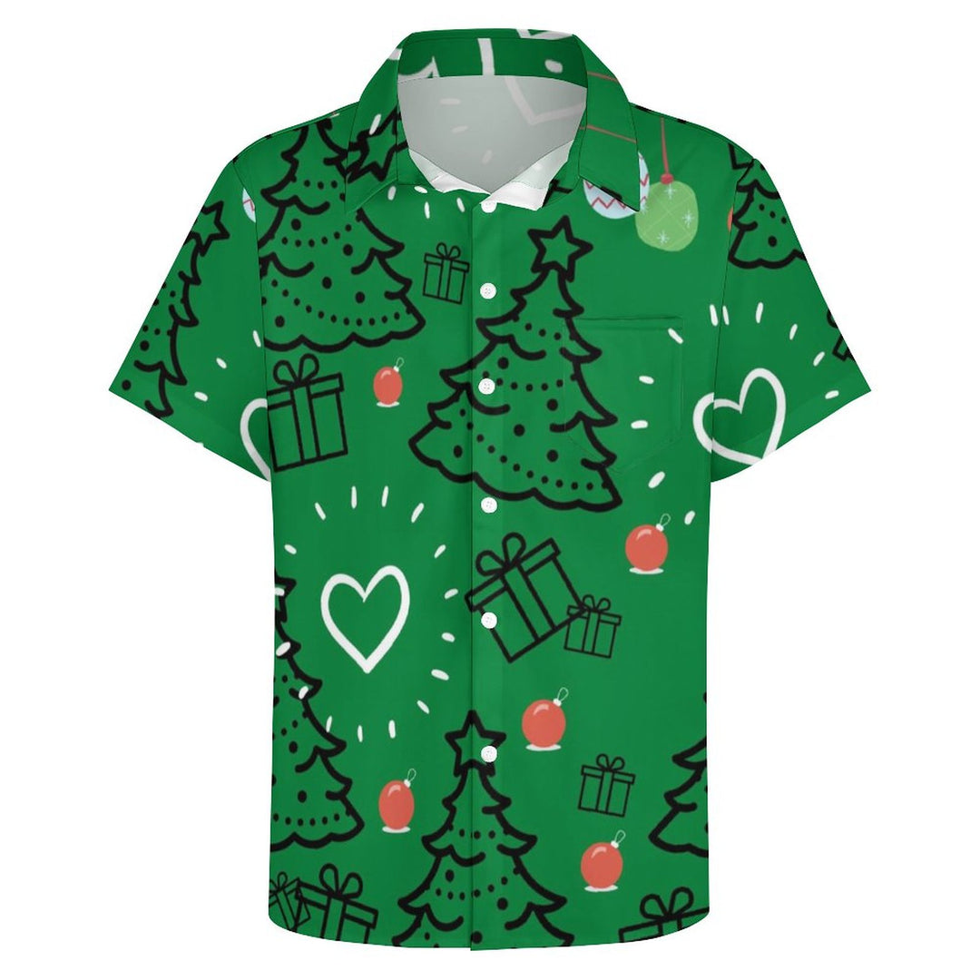 Christmas Themed Casual Chest Pocket Short Sleeved Shirt 2309000877