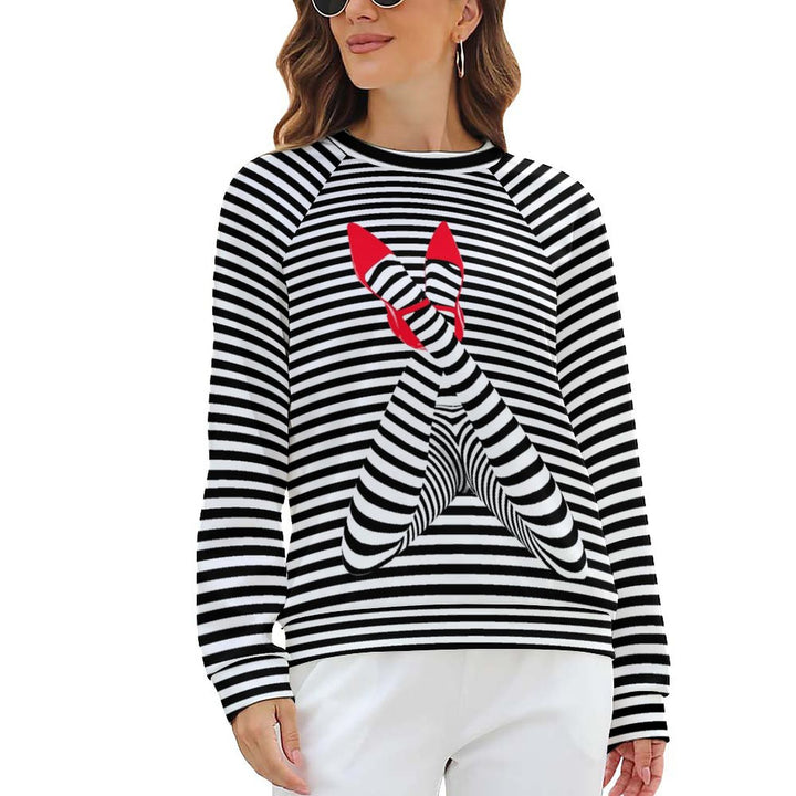 Women's Raglan Round Neck Striped High Heels Printed Sweatshirt 2310000559