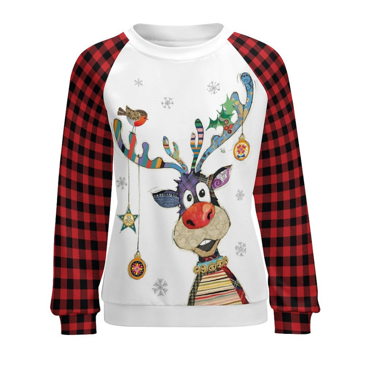 Women's Raglan Round Neck Christmas Elk Print Sweatshirt 2310000561