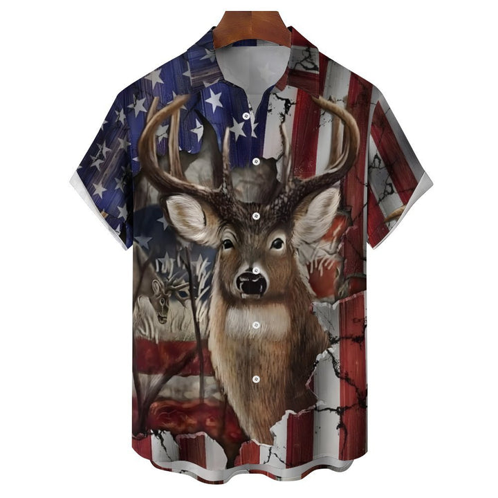 American Hunting Deer Head Print Casual Short Sleeve Shirt 2311000433