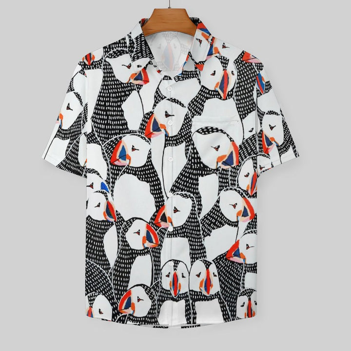 Penguin Art Illustration Casual Breast Pocket Short Sleeve Shirt 2308100996