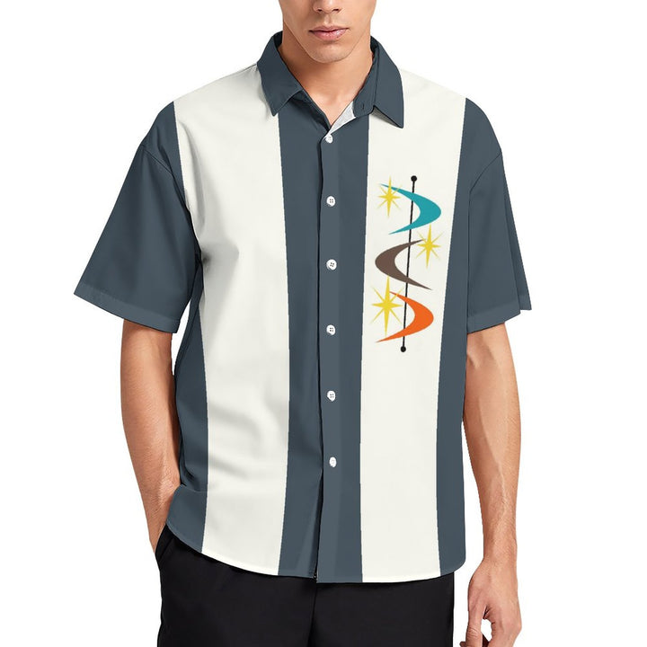 Men's Dark Blue Classic Bowling Shirt Casual Fashion Short Sleeve Shirt 2307101454