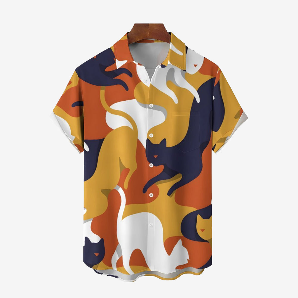 Breast Pocket Abstract Cat Art Casual Short Sleeve Shirt 2402000010