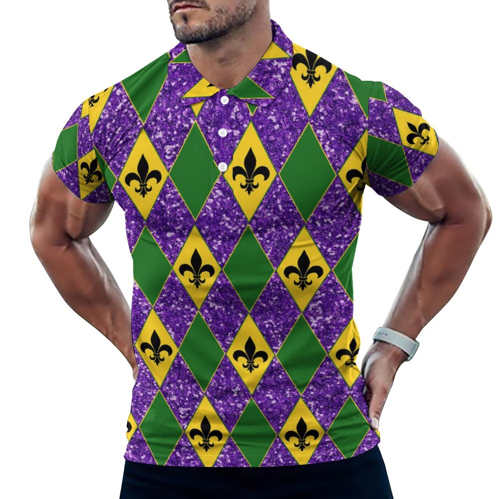 Men's Button-Down Short Sleeve Mardi Gras Geometric Print Polo Shirt 2312000158