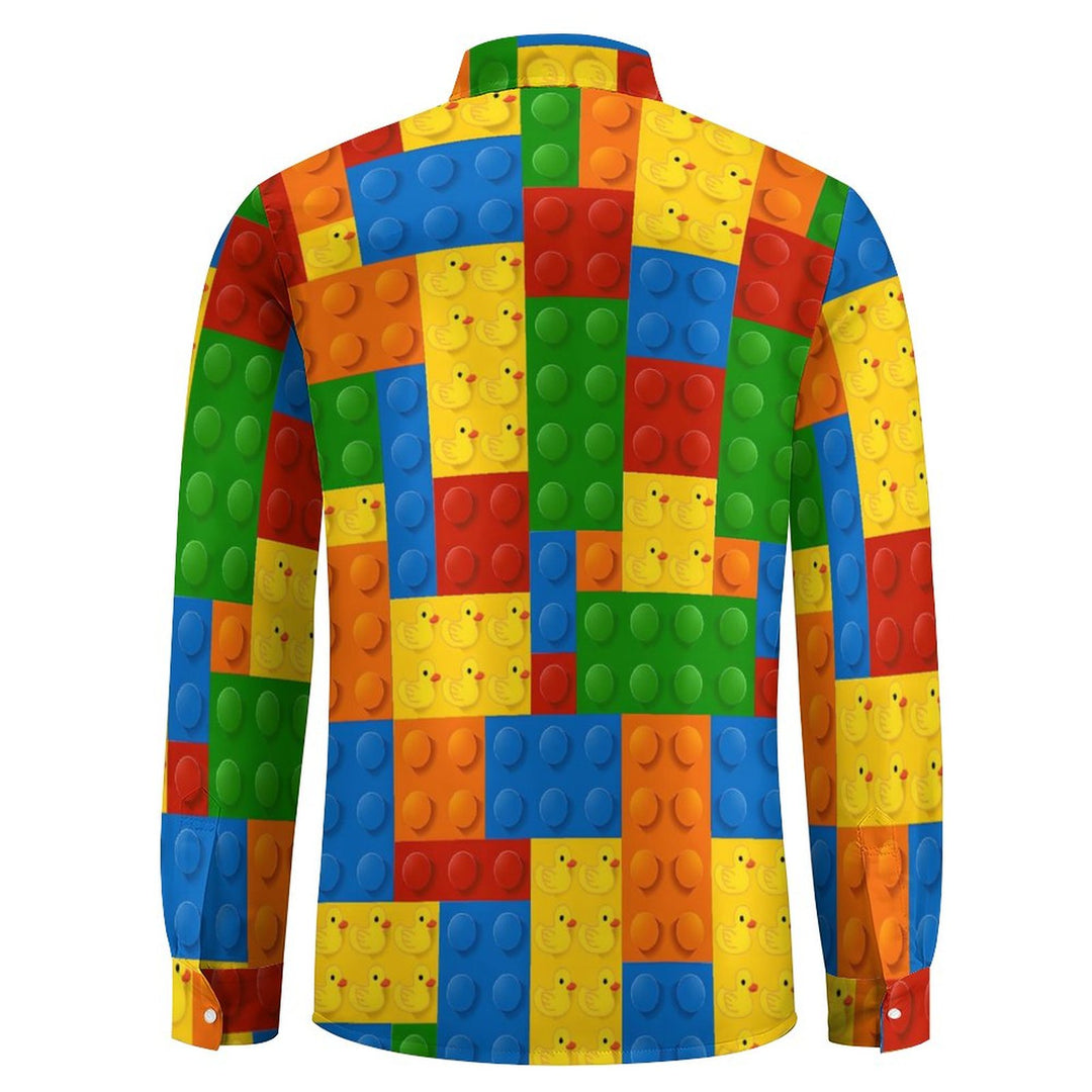 Men's Casual 3D Building Blocks Little Yellow Duck Printed Long Sleeve Shirt 2311000656
